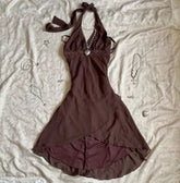 Brown Halter Chiffon Homecoming Dress Sleeveless Zippered Back Formal